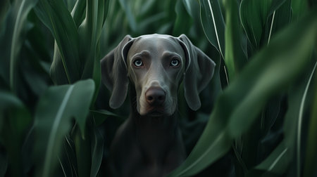 Weimaraner dog between the big leaves of a corn field in springtime.の素材