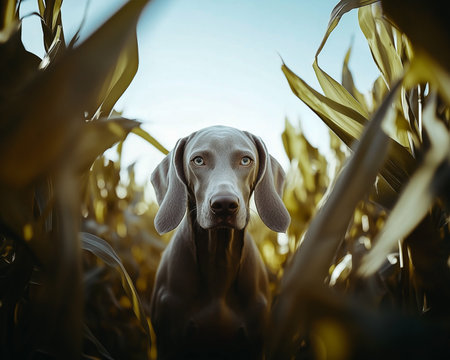 Weimaraner dog between the big leaves of a corn field in springtime.の素材