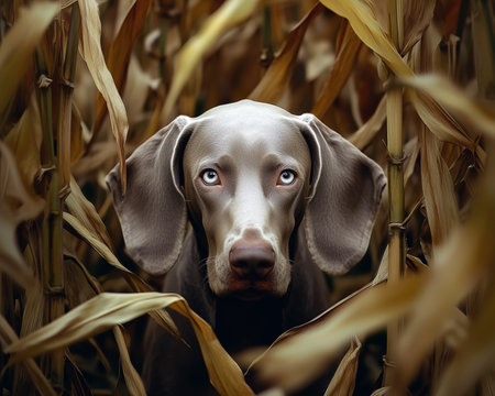 Weimaraner dog in corn field in autumn during golden hour.の素材