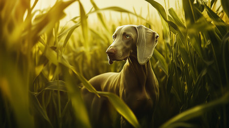 Weimaraner dog between the big leaves of a corn field in springtime during golden hour.の素材