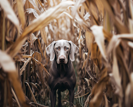 Weimaraner dog in corn field in autumn during golden hour.の素材