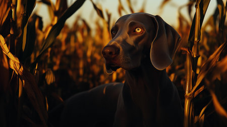 Weimaraner dog in corn field in autumn during golden hour.の素材