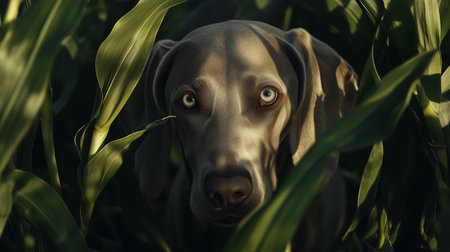 Weimaraner dog between the big leaves of a corn field in springtime during golden hour.の素材