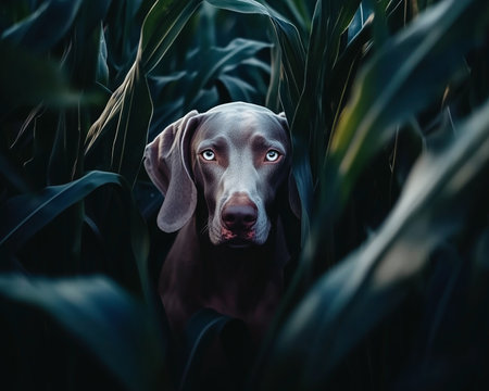 Weimaraner dog between the big leaves of a corn field in springtime.の素材