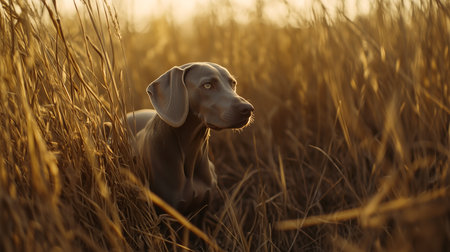 Weimaraner dog in field among dense tall grass in golden hour lighting. Adorable gray dog with bright eyes.の素材