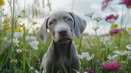 Weimaraner puppy dog in a field with wild flowers during springtime.の素材