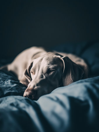 Weimaraner dog sleeping on blanket on bed by a dark wall. Shallow depth of field.の素材