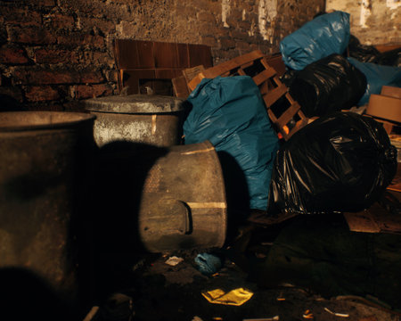 All kinds of rubbish lying on the street near a wall. A polluted urban environment. 3D rendering.の写真素材