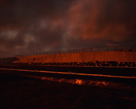 Parking with promenade at beach during sunset with a cloudy sky. Serene atmosphere. 3D rendering.