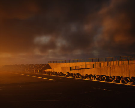 Parking with promenade at beach during sunset with a cloudy sky. Serene atmosphere. 3D rendering.の写真素材