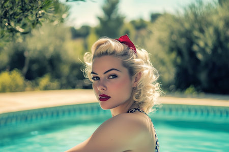 Retro 1950s sensual blonde woman with a red hairband in swimming pool on a sunny summers day.の素材