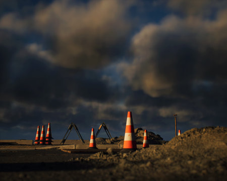 Roadside construction area during sunset with a cloudy sky. 3D rendering.