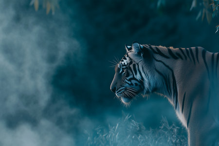 Close-up portrait of tiger in misty jungle environment.の素材
