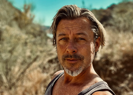 Tanned blond man with beard in singlet shirt in arid sunny environment.