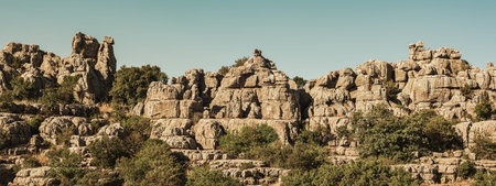 Limestone rock formations like pillars between green vegetation under a blue sky. El Torcal de...