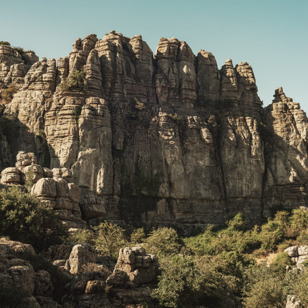Limestone rock formations like pillars between green vegetation under a blue sky. El Torcal de...