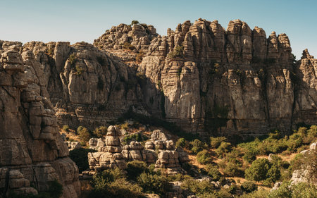 Limestone rock formations like pillars between green vegetation under a blue sky. El Torcal de Antequera National Park. Andalusia. Spain.の写真素材