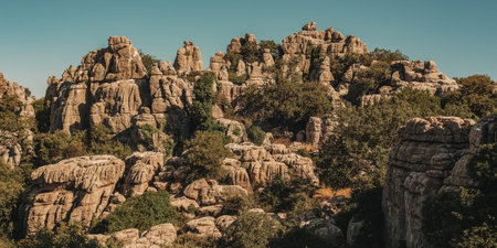 Limestone rock formations like pillars between green vegetation under a blue sky. El Torcal de...