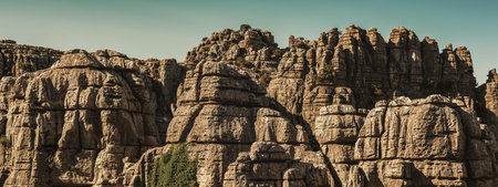 Limestone rock formations like pillars between green vegetation under a blue sky. El Torcal de...