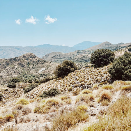 Wide view over mountaineous scenery of Pampaneira. Granada, Andalucia, Spain.の写真素材