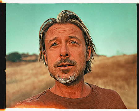 Tanned blond man with half long hair and beard in summer countryside.の写真素材