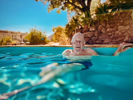 Senior man in swimming pool in garden on a sunny day. Andalucia, Spain.の写真素材