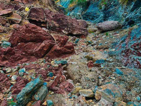 Gorge with red and greyish-bluish rocks and some vegetation.の写真素材