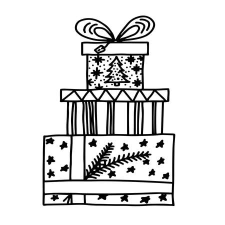 Pattern New Year's winter set of doodles in the hand-draw style. Gifts, new year wreath, sock, Christmas toys, lollipop, on an isolated white background. Vector Line Illustrations black and white seamless pattern.のイラスト素材