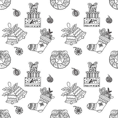 Pattern New Year's winter set of doodles in the hand-draw style. Gifts, new year wreath, sock, Christmas toys, lollipop, on an isolated white background. Vector Line Illustrations black and white seamless pattern.のイラスト素材
