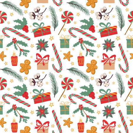 Winter new year pattern vector hand drawing holiday christmas illustration with candy lollipop gifts poinsettia for fabric gift paper print in red green yellow white colorsのイラスト素材