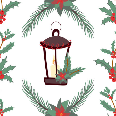 Winter new year pattern vector hand drawing holiday christmas illustration with flashlight with candle candy gifts poinsettia for fabric gift paper print in red green yellow white colors. Vector illustration. Vector illustrationのイラスト素材