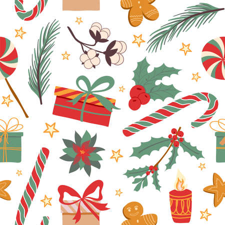 Winter new year pattern vector hand drawing holiday christmas illustration with candy lollipop gifts poinsettia for fabric gift paper print in red green yellow white colorsのイラスト素材
