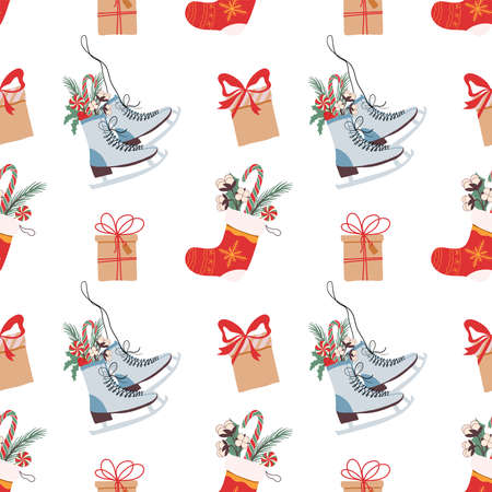 Winter new year pattern vector hand drawing holiday christmas illustration with skates candy gifts for fabric gift paper print in red green yellow white colors. Vector illustrationのイラスト素材