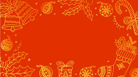 Horizontal banner with place for text New Year's set of doodles in the hand-draw style. Gifts, new year wreath, sock, tangerines, Christmas toys, lollipop, on an isolated white background. Vector Line Illustrations black and white seamless patternのイラスト素材