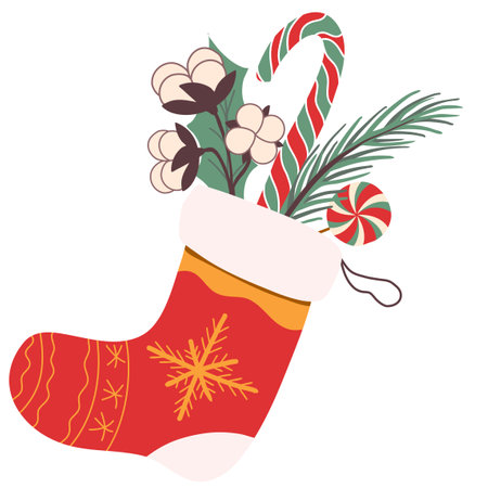Red christmas sock with lollipops hand drawing holiday christmas illustration with candy gifts for fabric gift paper print in red green yellow white colors. Vector illustrationのイラスト素材
