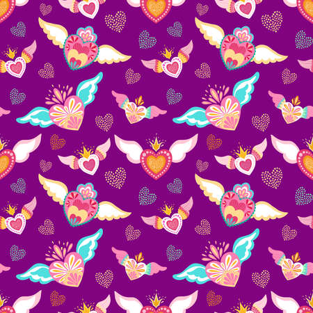 Decorative pattern hearts with wings for valentines day bright love decor for cards posters invitations wedding holiday partyのイラスト素材