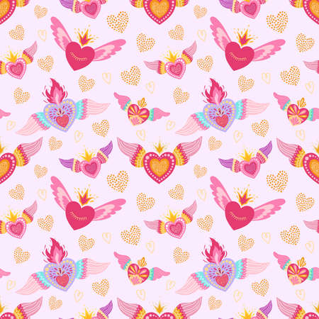 Decorative pattern hearts with wings for valentines day bright love decor for cards posters invitations wedding holiday partyの写真素材