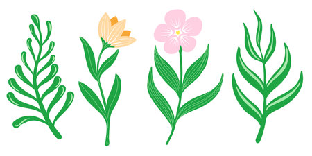 Simple spring hand drawn flowers set with leafsのイラスト素材