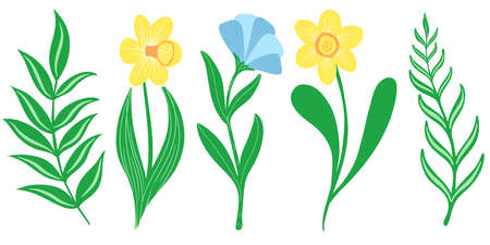 Simple spring hand drawn flowers set with leafsのイラスト素材