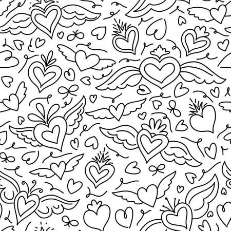 Heart set of doodles in the hand-draw style. Valentine Day Vector Line Illustrations black and white seamless patternのイラスト素材
