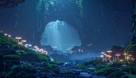 A dark, enchanting forest cave entrance is illuminated by countless glowing mushrooms and sparkling lights, creating a mystical nocturnal scene. Ai-Generated.の素材