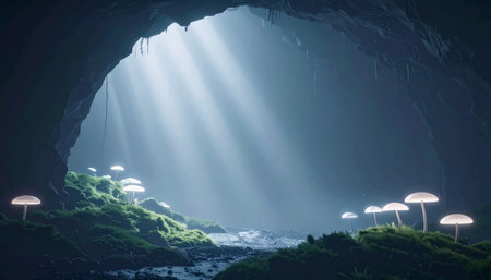 A tranquil, mystical cave is illuminated by ethereal light rays and glowing mushrooms, creating a serene and magical hidden world. Ai-Generated.の素材