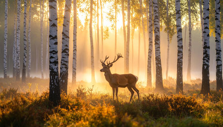 A majestic deer stands peacefully in a misty birch forest, back-lit by the golden rays of the morning sun. Ai-Generated.の素材