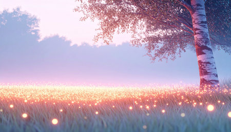 A tranquil, misty meadow glows with countless fireflies at twilight, casting an ethereal light around a lone birch tree. Ai-Generated.の素材