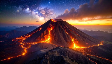 Stunning AI-generated night landscape of a powerful volcano erupting with rivers of glowing lava under a dramatic, starry sky at sunset. AI-Generated.の素材