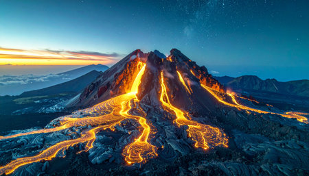 Stunning AI-generated night landscape of a powerful volcano with glowing lava streams flowing down its slopes, under a starry sky. AI-Generated.の素材