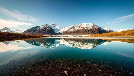 Vibrant autumn forest with a majestic mountain and moody sky in the background. Ai-Generated.の素材