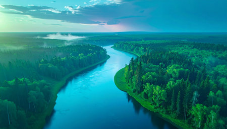 A stunning aerial view of a winding blue river cutting through a vibrant, lush green forest under a dramatic sky. Ai-Generated.の素材