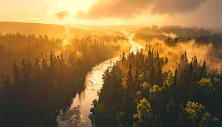 A mesmerizing aerial view of a winding river flowing through a lush, misty forest during a beautiful golden hour sunset. Ai-Generated.の素材