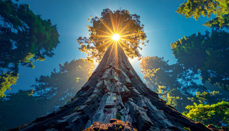 A powerful low-angle shot of a towering tree with ethereal sun rays shining through the canopy and a clear blue sky. Ai-Generated.の素材